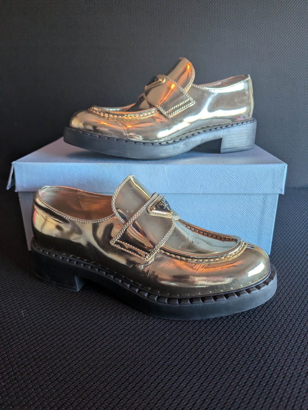 Prada Women’s Metallic Gold Leather Loafers - Picture 2 of 16